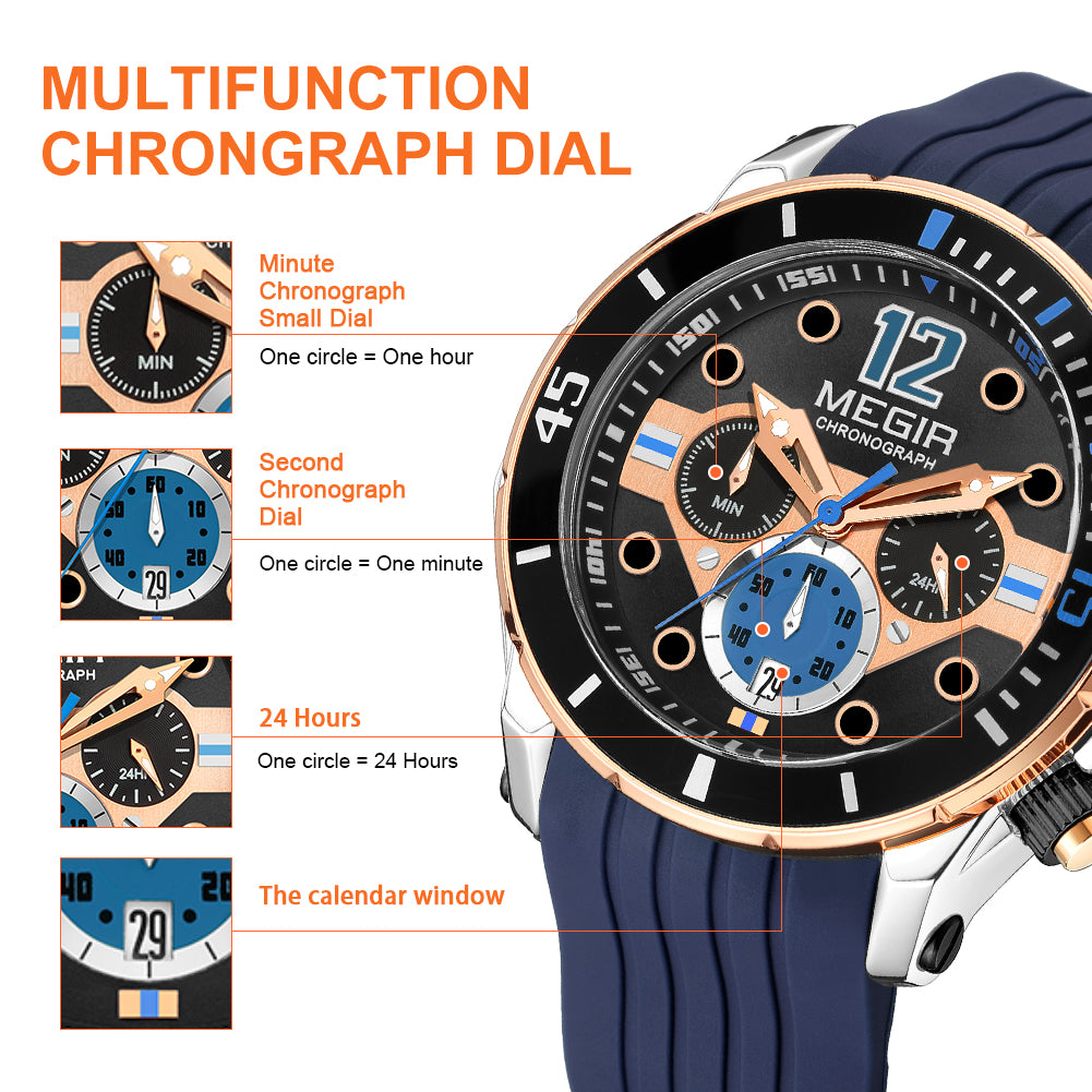 MEGIR Men's Sport Watches Chronograph Silicone Strap Waterproof