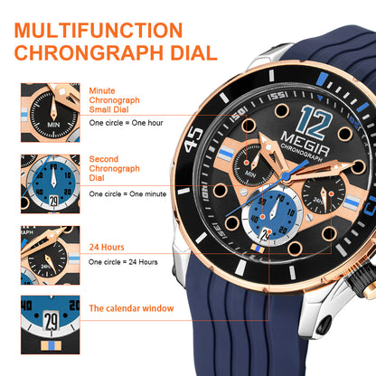 MEGIR Men's Sport Watches Chronograph Silicone Strap Waterproof