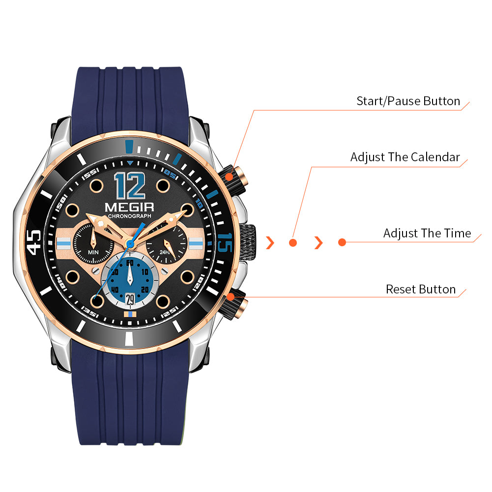 MEGIR Men's Sport Watches Chronograph Silicone Strap Waterproof