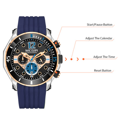 MEGIR Men's Sport Watches Chronograph Silicone Strap Waterproof