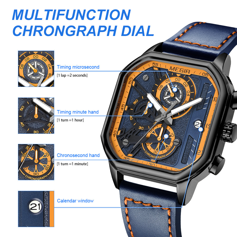 MEGIR Fashion Square Case Men's Sport Watch Quartz